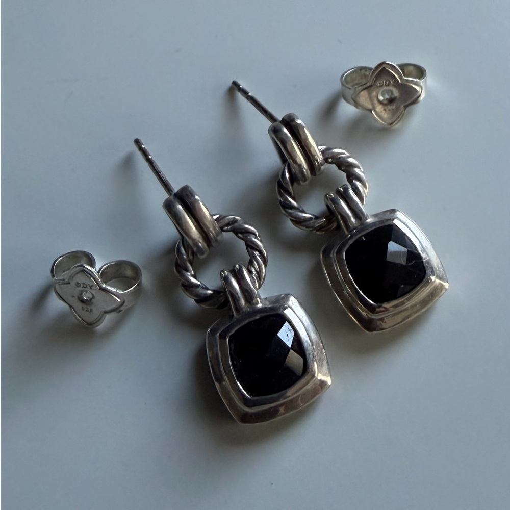 David Yurman Silver Drop Earrings with Black Stone - Picture 2 of 5